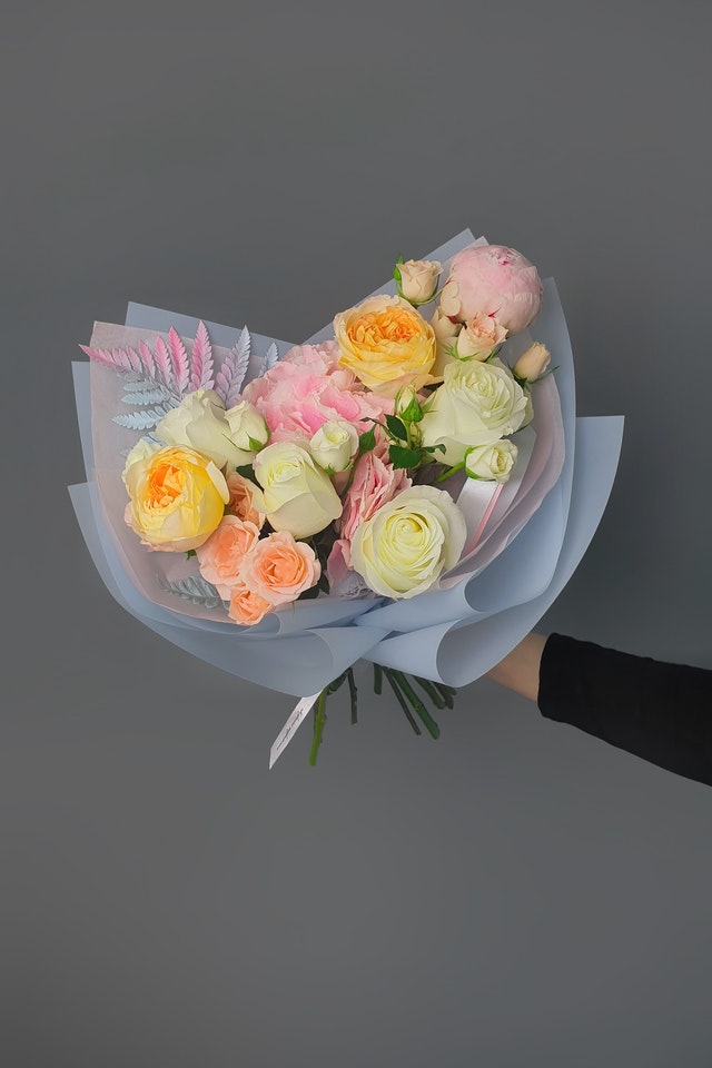 Peach, Yellow, and Pink Roses Bouquet