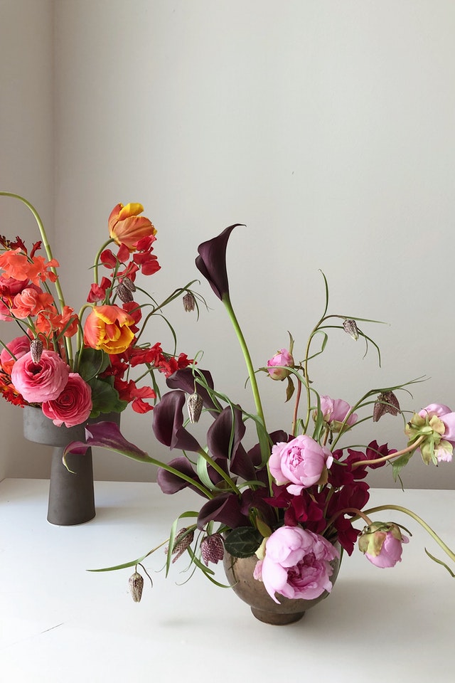  Pink Peonies and burgundy Kallas corporate flower arrangement